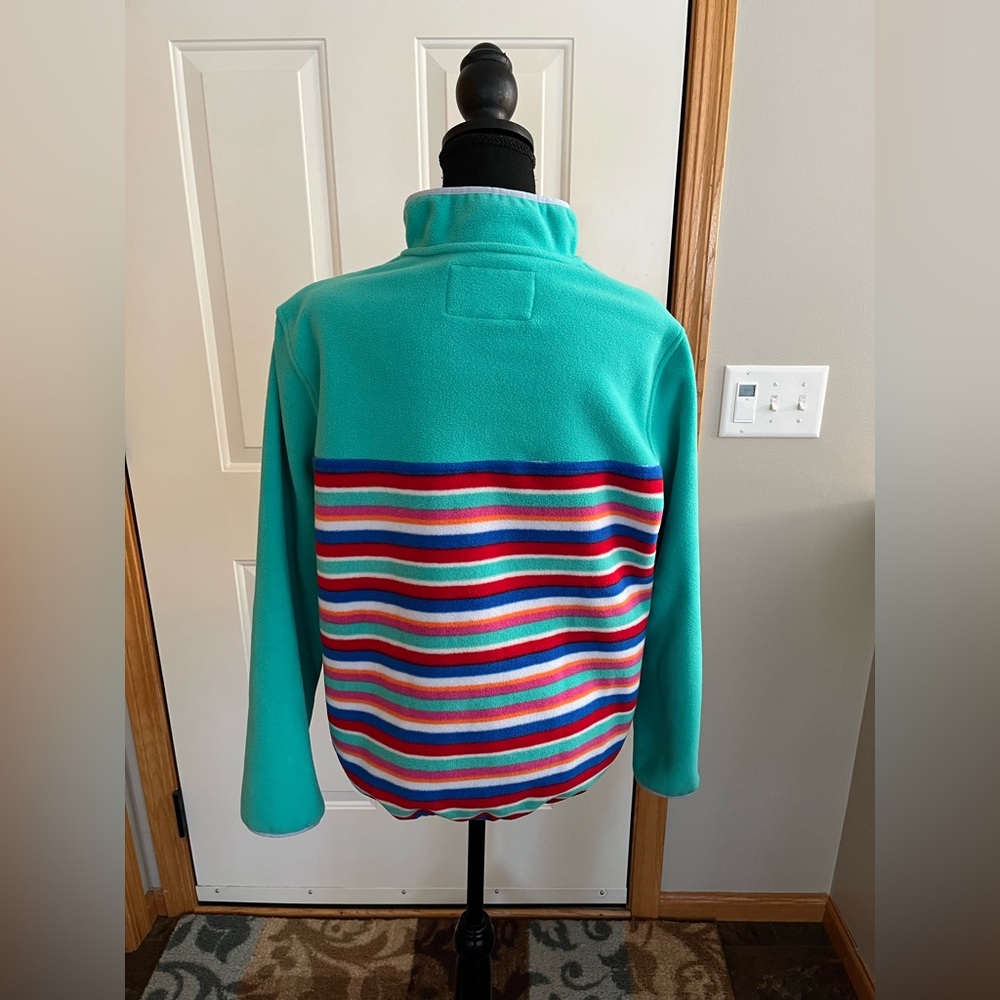 Women’s Lands’ End Heritage fleece pull over snap green striped jacket. Medium - Picture 4 of 16